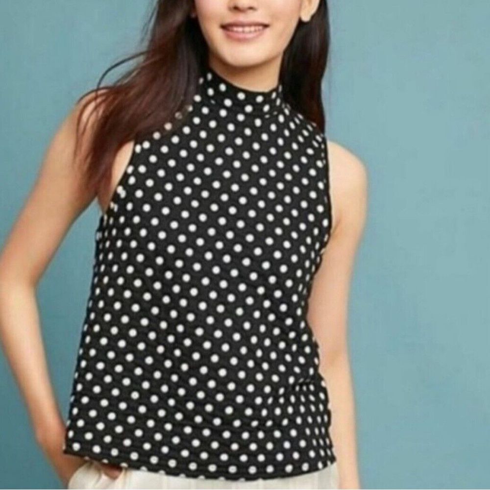 Anthropologie Postmark Womens XS Black White Polka Dot Mockneck Sleeveless Top